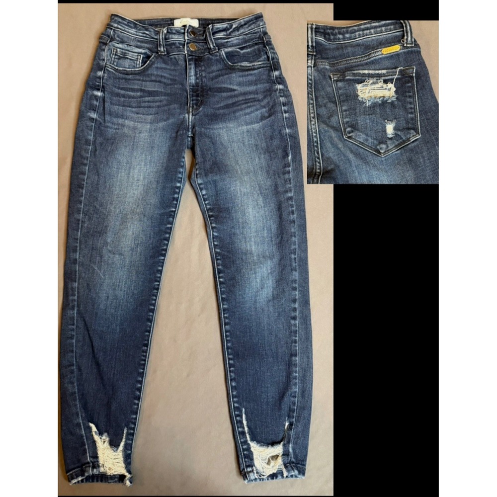 KanCan Skinny Jeans Womens 28 Dark Wash Mid Rise Ankle Stretch Distressed Hem